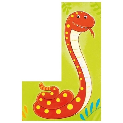 Ilustração da letra L com uma cobra vermelha e pintas amarelas num fundo verde