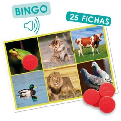 Cartão de bingo com imagens de animais e fichas vermelhas