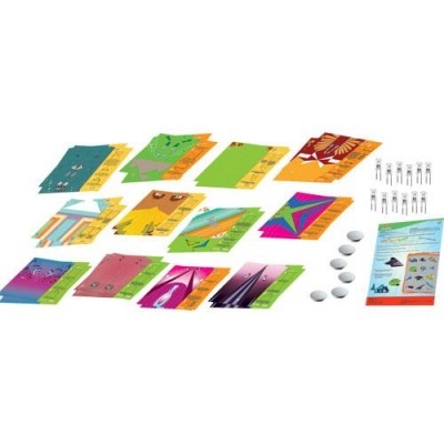Conjunto de cartas ilustradas, peças brancas e mini figuras humanas para jogo educativo