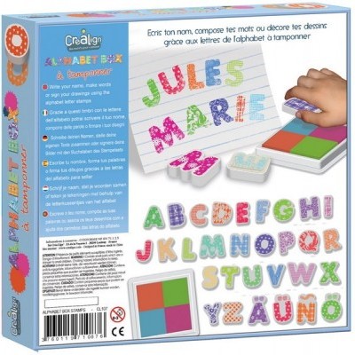 Caixa de carimbos de letras de alfabeto coloridas com almofadas de tinta