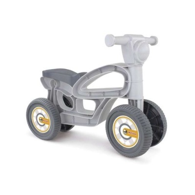 Triciclo infantil cinzento com rodas negras e detalhes amarelos