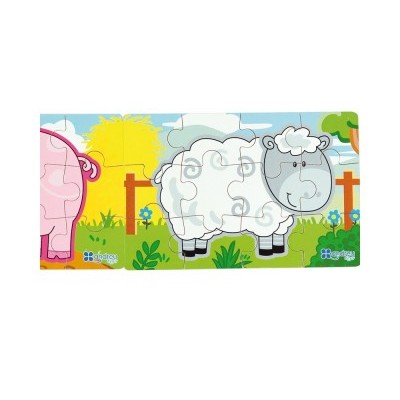 Quebra-cabeças de madeira com ovelha branca e porco rosa em fundo colorido