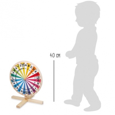 Roda de madeira colorida para aprendizagem com letras e números, suporte de madeira claro