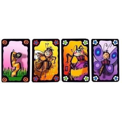 Quatro cartas de jogo com ilustrações coloridas de insetos animados