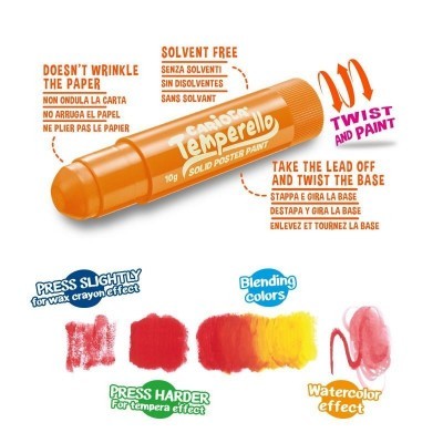 Marcador tipo giz pastel sólido laranja com texto instrucional e amostras de cores