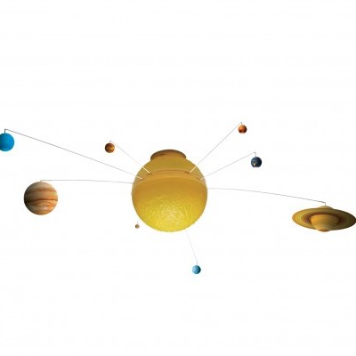 Modelo do sistema solar com planetas suspensos num fundo branco