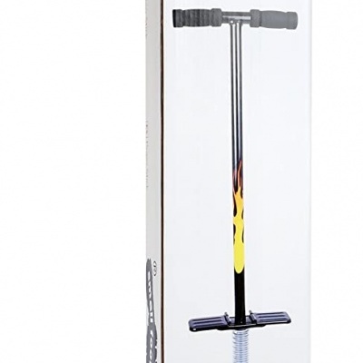 Embalagem de Pogo Stick com design branco, texto e imagem do brinquedo