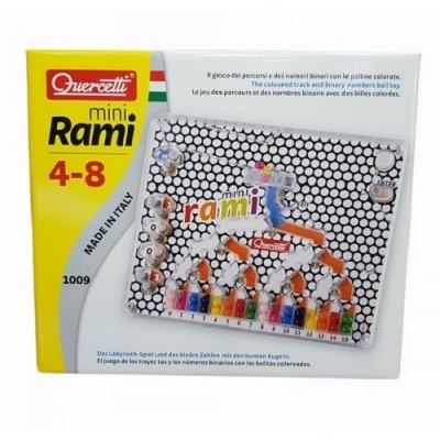 Caixa de jogo Queretti mini Rami para crianças 4-8 anos, embalagem amarela e branca.