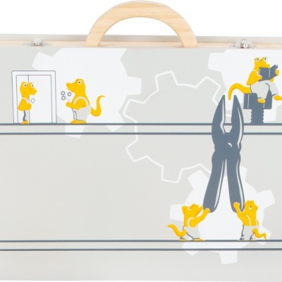 Mala cinzenta clara com ilustração de ratinhos amarelos e ferramentas