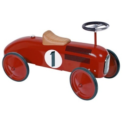 Carrinho de corrida vintage vermelho para crianças com assento castanho e volante preto