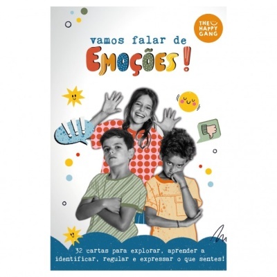 Capa colorida do jogo educativo 'vamos falar de emoções!' com crianças e ícones expressivos.