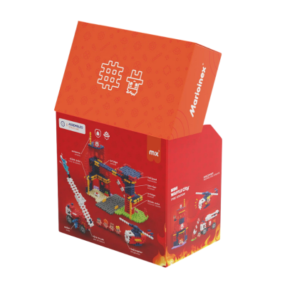 Caixa de brinquedo de construção MX com cenário de bombeiros e blocos coloridos