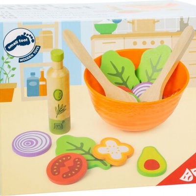 Conjunto de peças de brinquedo de madeira para crianças com tigela, legumes e utensílios numa caixa