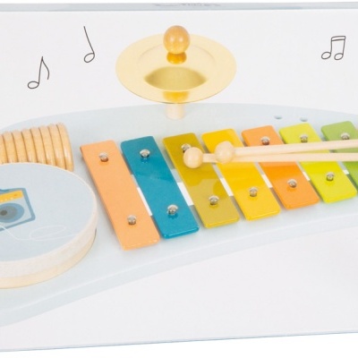 Brinquedo musical de madeira com xilofone colorido, tambor, pratos e maracas para crianças a partir de 3 anos