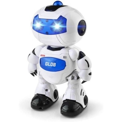 Robô de brinquedo branco com detalhes azuis e pretos e olhos iluminados