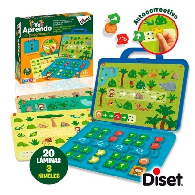 Jogo educativo infantil com tabuleiro azul e 20 lâminas de animais e números da Diset