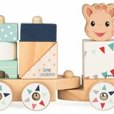 Comboio de madeira colorido com blocos e figura de girafa para crianças