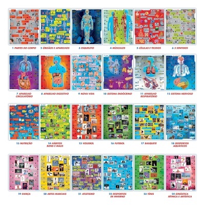 Conjunto de 26 cartazes educativos coloridos com títulos em português sobre diferentes temas educacionais e esportivos.