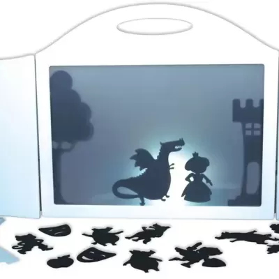 Teatro de sombras portátil branco com silhuetas negras de dragão, princesa, árvore e castelo