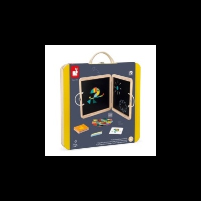 Kit educativo com tábuas de madeira e peças coloridas numa embalagem amarela