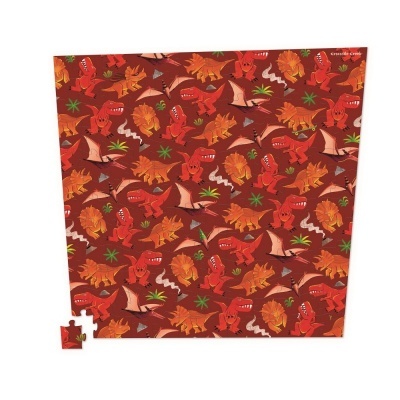 Jogo de puzzle com padrão colorido de dinossauros sobre fundo castanho