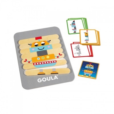 Jogo infantil de construção de robô com peças de madeira e cartas coloridas