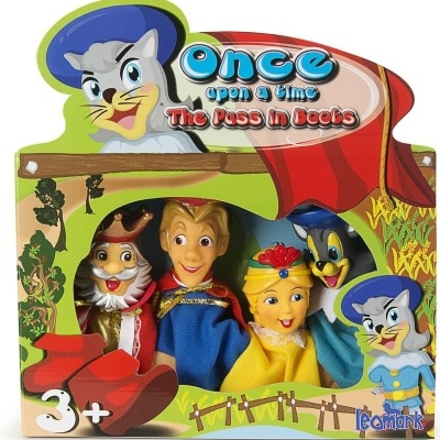 Caixa de brinquedos com personagens do conto O Gato de Botas