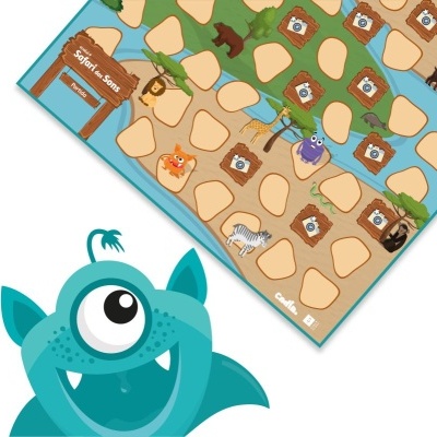Tabuleiro de jogo longo com tema Safari, animais e monstros coloridos, e texto Safari & Sons