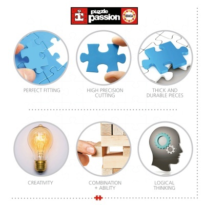 Imagem promocional de puzzle com peças azuis e ícones de criatividade e lógica.