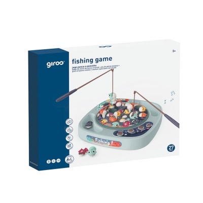 Jogo de pesca em caixa com peixes coloridos e duas varas sobre base azul clara