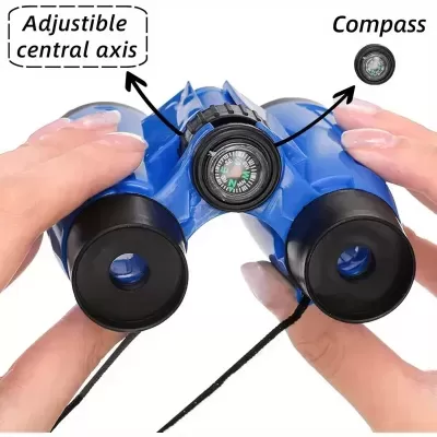 Binóculos azuis e pretos com bússola e eixo ajustável