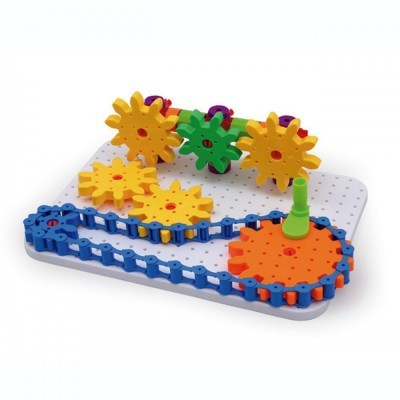 Jogo educativo com engrenagens e peças coloridas para montar em base branca