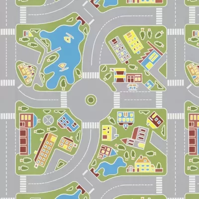 Padrão de tapete infantil com estrada, lagos, edifícios coloridos e áreas verdes