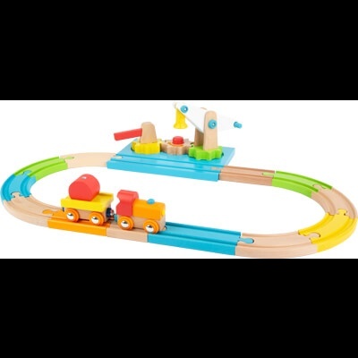 Conjunto de comboio em madeira colorida com trilhos e guindaste