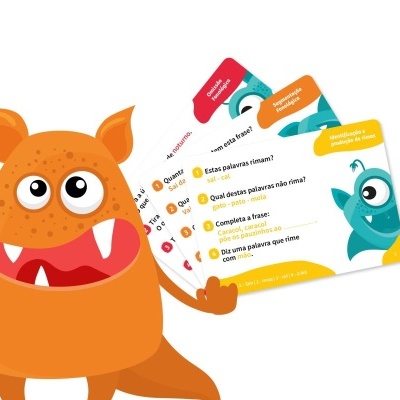Cartas educativas com perguntas em português e ilustrações de monstros coloridos