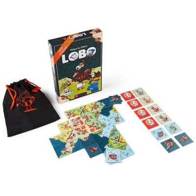 Jogo de tabuleiro LOBO com peças de mapa e saco preto com cordão vermelho