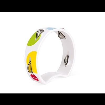 Pandeireta infantil branca com manchas coloridas e címbalos metálicos