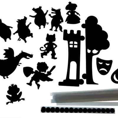 Silhuetas pretas de personagens e objetos de conto de fadas e acessórios sobre fundo branco