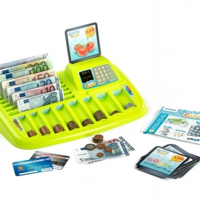 Caixa registadora de brinquedo verde com notas, moedas e cartões