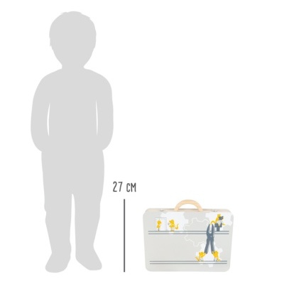 Mala rígida branca com desenhos de passarinhos amarelos e figura humana azul ao lado de silhueta de criança