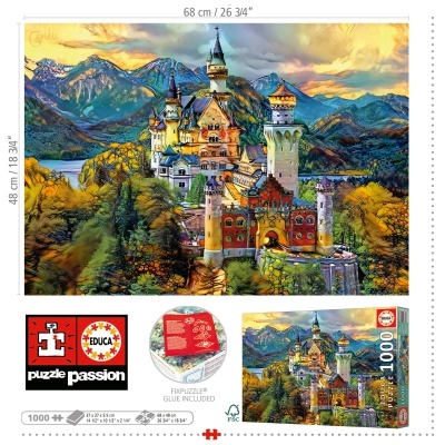 Puzzle 1000 peças com Castelo Neuschwanstein e paisagem montanhosa colorida
