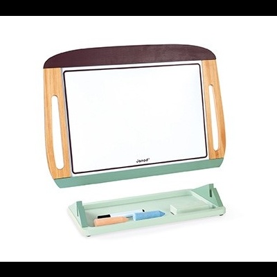 Quadro branco com suporte em madeira e porta-canetas verde