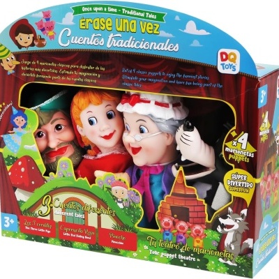 Conjunto de marionetas para teatro de fantoches coloridas em embalagem azul e verde