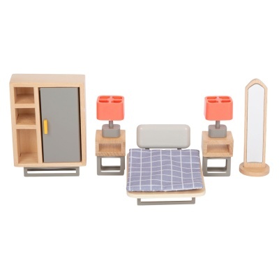 Conjunto de móveis de quarto em miniatura incluindo armário, cama, mesas de cabeceira com candeeiros e campainha de pé com espelho