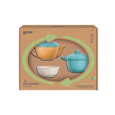 Conjunto de utensílios de cozinha em caixa de cartão reciclado com três peças coloridas