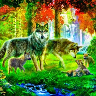 Puzzle Bluebird 1000 Summer Wolf Family 70156