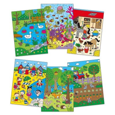 Seis cartões ilustrados coloridos com cenas de natureza, animais e crianças em ambientes rurais e marinhos.