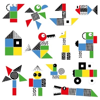 Figuras geométricas coloridas formando animais e objetos estilizados.