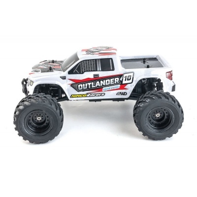 Carro de brinquedo RC branco com detalhes pretos e vermelhos e pneus grandes