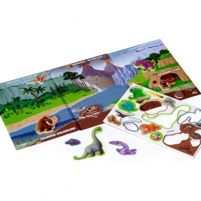 Jogo educativo de dinossauros com peças e cartões ilustrados